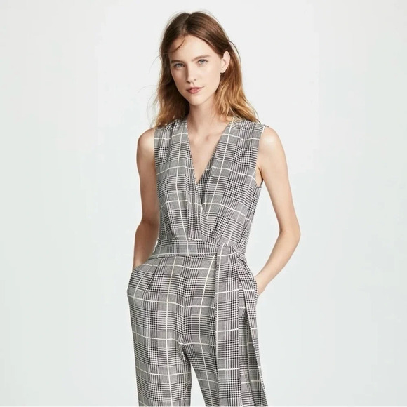 L'AGENCE Julia Plaid Jumpsuit In Black Multi Size 8 Sleeveless 100% Silk - Picture 2 of 13